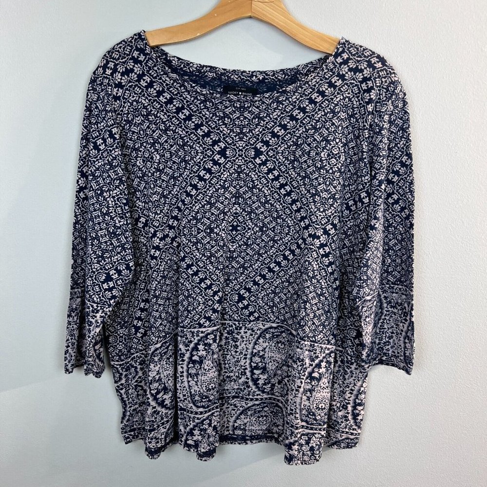 Lucky‎ Brand Top 1X Womens Blue Beige Printed 3/4 Sleeve Slub Knit Lightweight